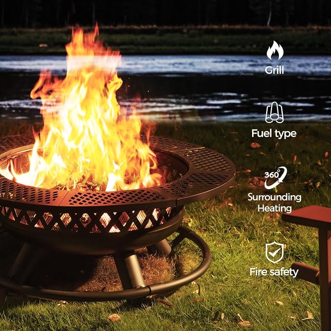Panovue 42 Inch Outdoor Fire Pit with Grill, Large Firepit Table for Outside, Metal Round Firepits with Lid&Fire Poker,3 in 1 Wood Burning Fire Pits & Outdoor Fireplaces for Backyard,Patio(42'' Black) - Image 5