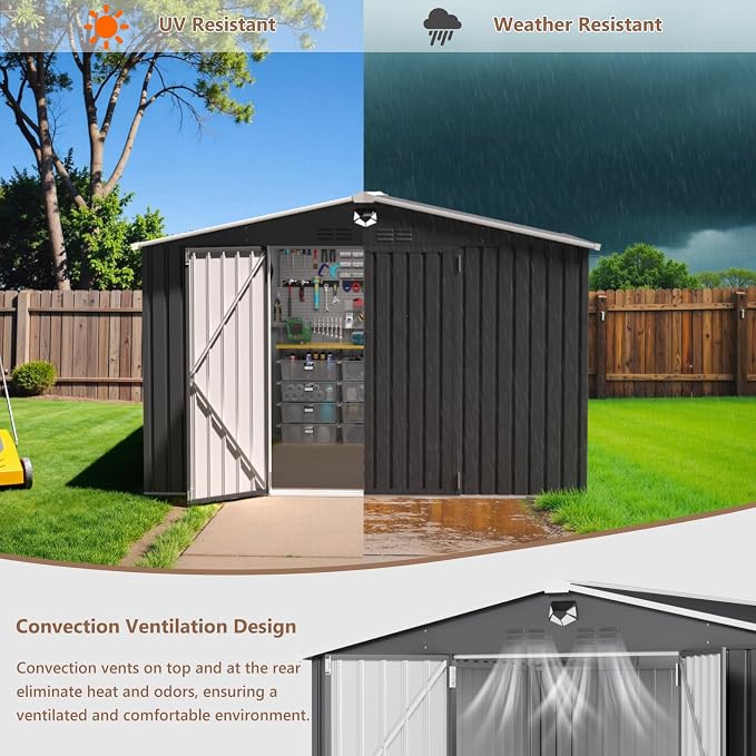 10x8 FT Outdoor Storage Shed, Metal Garden Shed - Tool Storage Sheds with Lockable Doors & 1 Vented Clear Window, Waterproof Outside Storage Building for Backyard, Patio (Black; Floor Not Included) - Image 6