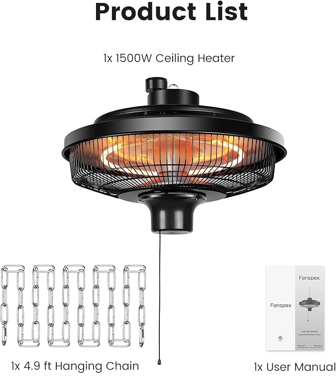 Hanging Patio Heater, 1500W Electric Infrared Heaters for Home, Gazebo, Garage, Greenhouse, Ceiling Mount with Overheat Protection, IPX4 Water Resistance, Adjustable Height (Black)