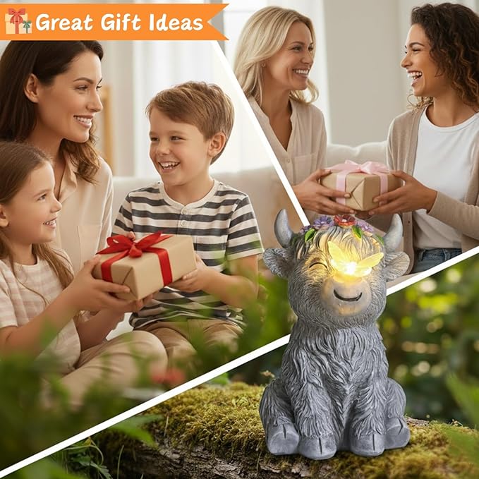 Solar Highland Cow Garden Statue with Glowing Butterfly, Outdoor Highland Cow Decorations for Patio Yard Lawn Ornaments, Gifts for Mom/Grandma Birthday Housewarming