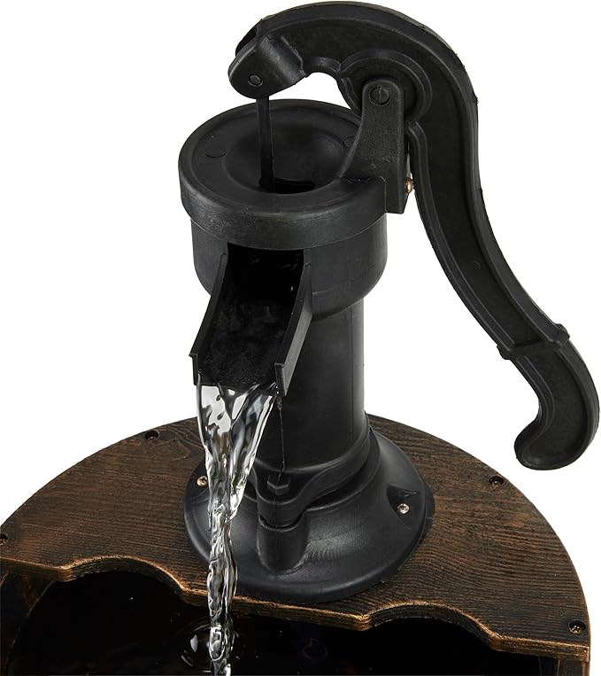 Alpine Corporation 40" Tall Outdoor Floor Tiered Rustic Pump and Barrel Water Fountain, Old-Fashioned Waterfall for Garden, Patio, Yard Decor, Dark Brown