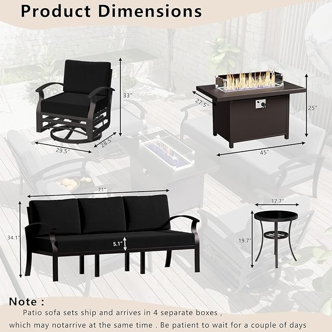 Patio Furniture Set 5-Piece Aluminum Armrest Sofa, Modern Outdoor Living Room Set with 55000 BTU Propane Aluminum Fireplace, Outdoor Rotary Joystick with Thick Cushion