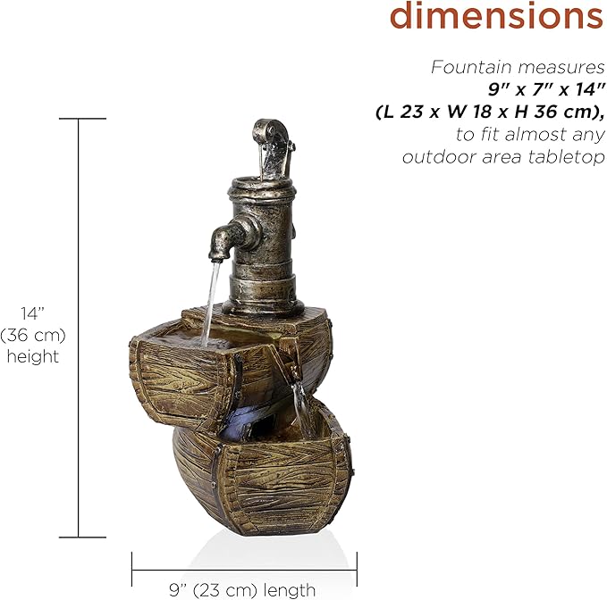 Alpine Corporation WIN826 14” Vintage Water Pump Tabletop Fountain with 2-Tiered Barrel Design & LED Lights – Decorative Indoor Water Feature for Home & Office, Brown