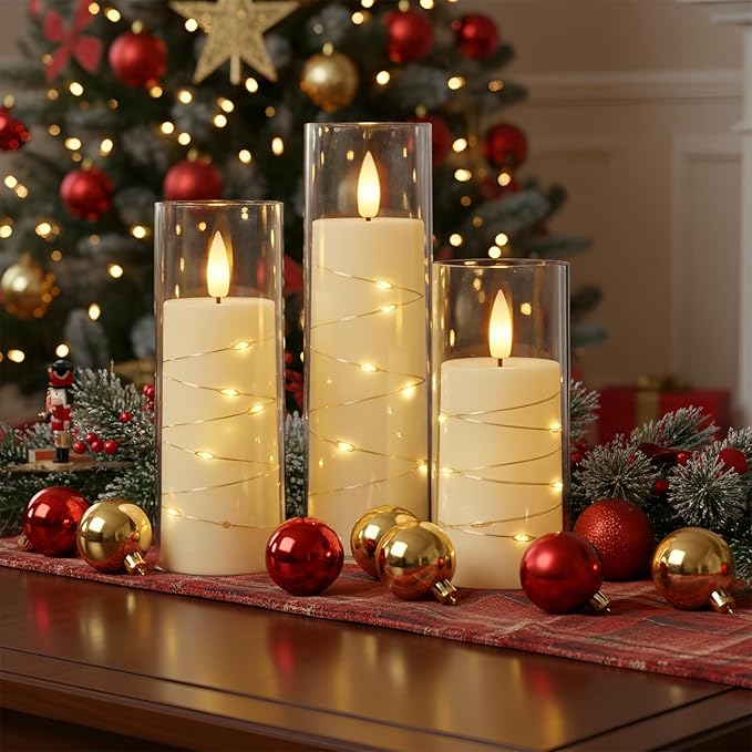 Raycare Flameless Candle with Remote Timer – 9 Flickering Acrylic Battery Operated LED Pillar Candles with Embedded Star String for Valentine's Day, Home Decor, and as a Gift (Ivory)