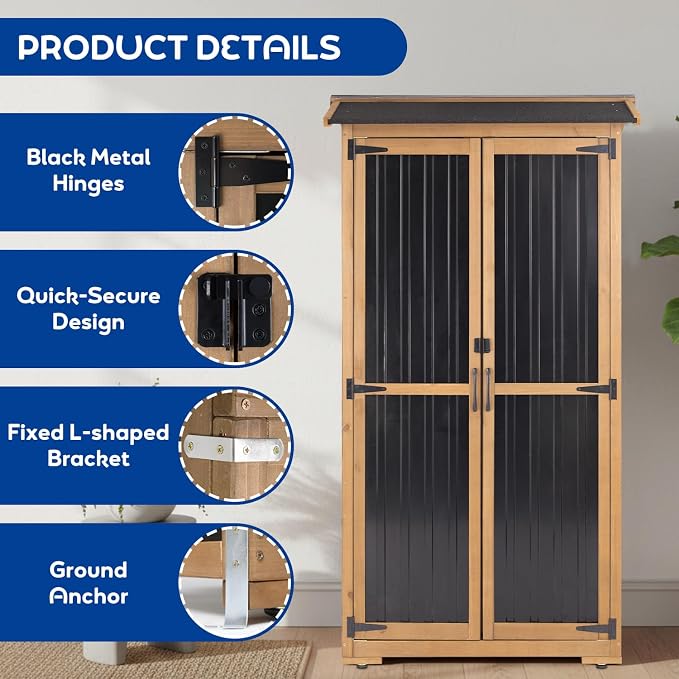 Storage Cabinet Outdoor Garage Cabinets with 3 Adjustable Shelves, Lockable Door, Wood & Metal Weather-Resistant Pantry Cabinet for Patio Garden Home Farm (33.3" Lx 21" Wx 69" H) - Image 7