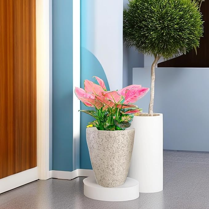 10 inch Garden Planter Lightweight Indoor Outdoor Pots with Drainage Hole for Potted Plants Flowers Greenery, Set of 2 (Beige Grain Texture)