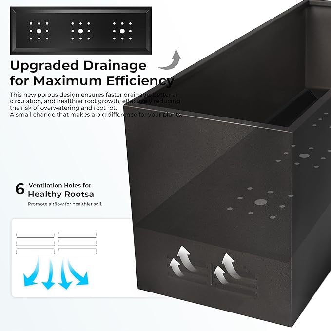 Worth Metal Planter Box with Insert Plate & Drain Holes, Indoor or Outdoor Use, No Assembly Required, 30" x 11" x 13", 14.3 Gallons, Matte Black