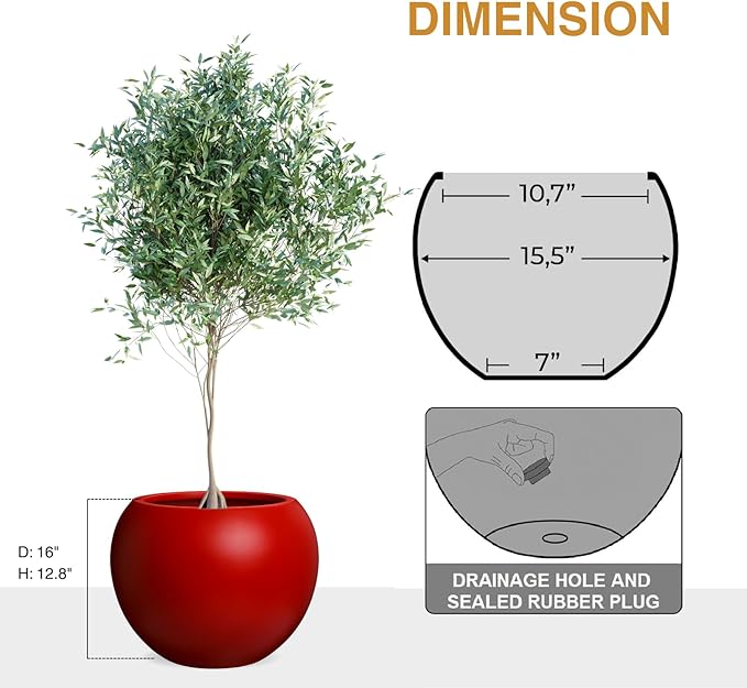 12.8"H x 16"D Premium Red Fiberstone Round Planter with Drainage Hole, Chinese & Lunar New Year Home Decor Pot, Smooth Finish, Weather Resistant Indoor & Outdoor, 2 Coco Mats (10.7" Opening)