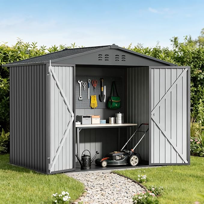 COMHOMA Shed Storage Outdoor Metal Windowed Lockable Weatherproof Ventilated Backyard Garden Utility Workshop(Grey,8'*6') by ComHoma
