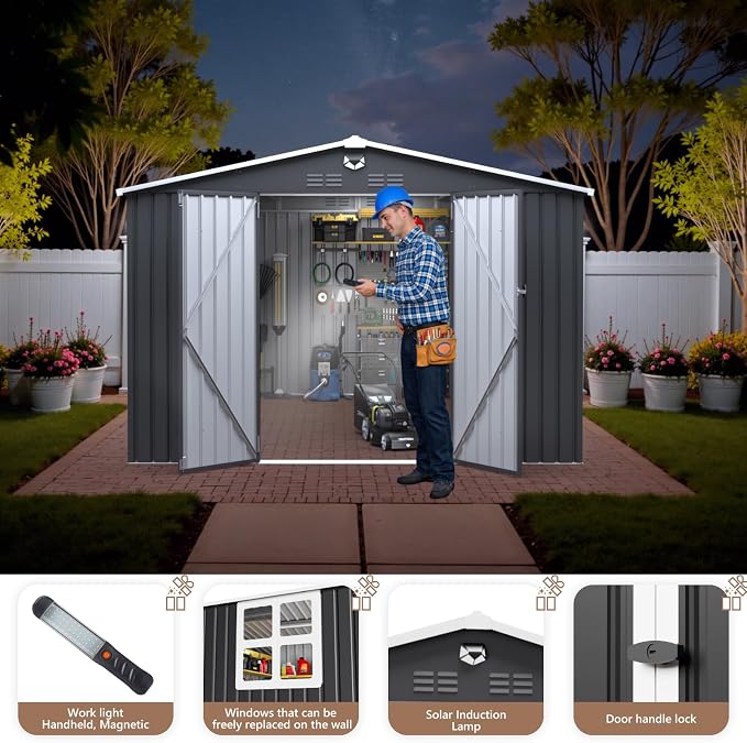 10x12 FT Outdoor Storage Shed, Metal Garden Shed - Tool Storage Sheds with Lockable Doors & 1 Clear Window, Waterproof Outside Storage Building for Backyard, Patio (Black; Floor Not Included) - Image 2