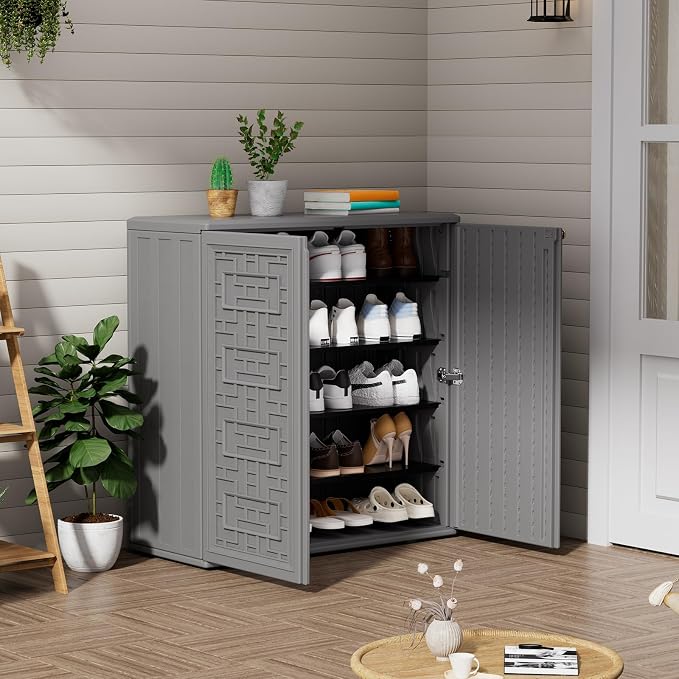 ZZM HDPE Outdoor Storage Shed, Outdoor Plastic Storage Cabinet, Horizontal Resin Tool Shed for Garden, All Weather Outdoor Storage Clearance, DIY Usage, with one Shelf (Gray) - Image 6