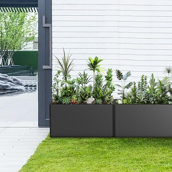 Metal Planters - Rectangular Trough, All-Weather Durable with 4 Drainage Holes, 25x11x13 Inches for Porch & Patio, Black