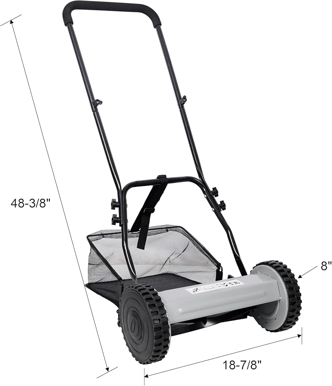 14'' 5 Blade Push Reel Lawn Mower with Grass Catcher, Manual Push Mower for Small Lawns, Cordless Eco-Friendly Lightweight Lawn Mower Adjustable Blade Height Black and Gray - Image 7