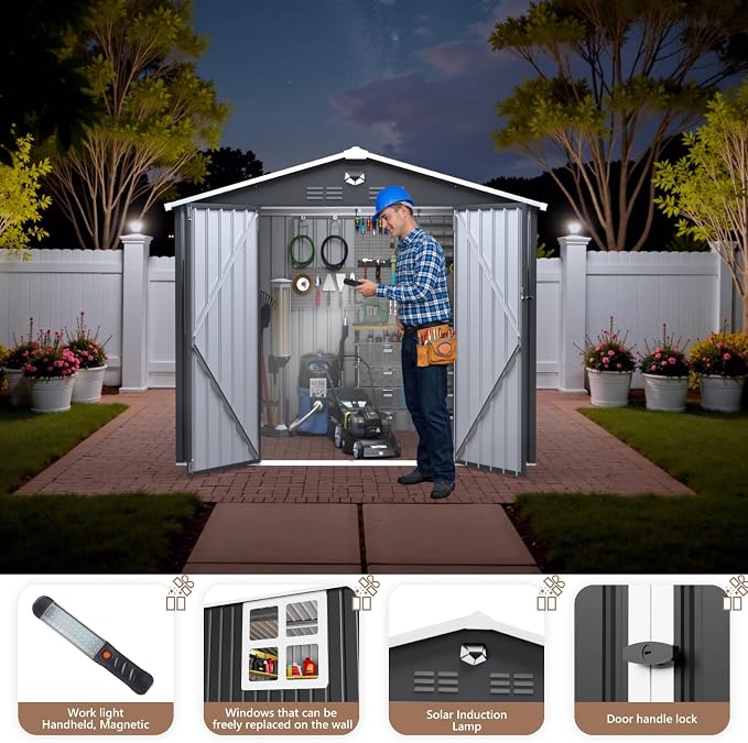 8x6 FT Outdoor Storage Shed, Metal Garden Shed - Tool Storage Sheds with Lockable Doors & 1 Clear Window, Waterproof Outside Storage Building for Backyard, Patio (Black; Floor Not Included) - Image 2