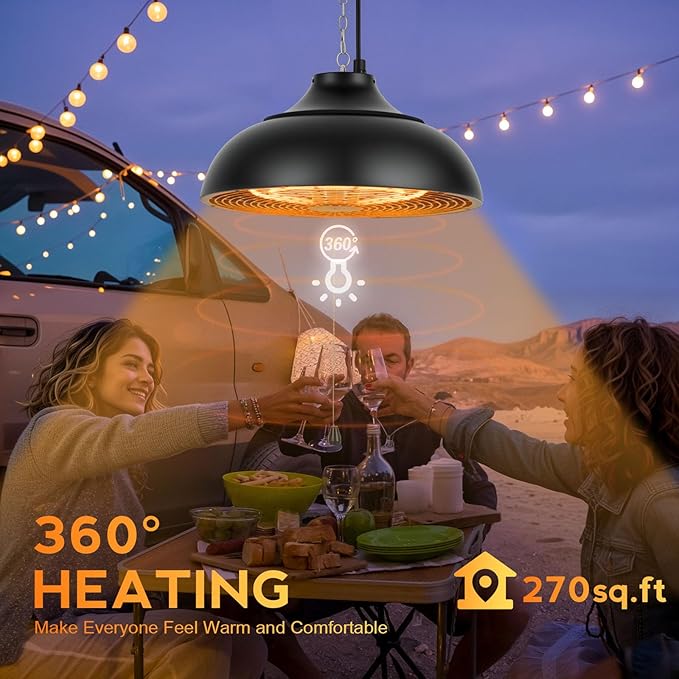 1500W Electric Hanging Patio Heater, 3S Instant Heat, Ceiling-Mounted Outdoor Heater with 3 Modes, Quiet Operation, Overheat Protection, IP55 Waterproof for Patio, Balcony (black, hanging)