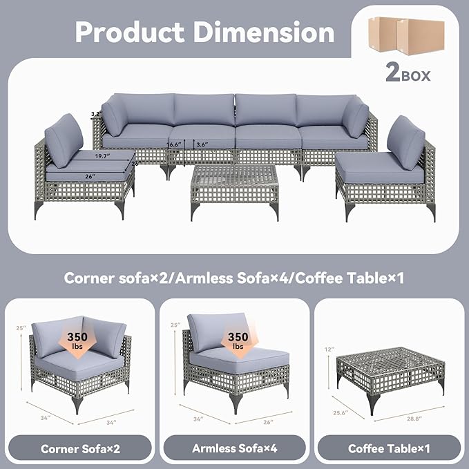 U-MAX 7-Piece Patio Furniture Set with Tea Table, Boho Outdoor Furniture Set Sectional Sofa Wicker Conversation Set, Grey Rattan&Blue