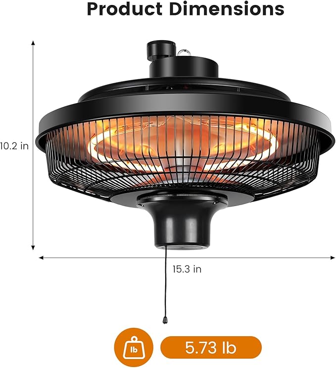 Hanging Patio Heater, 1500W Electric Infrared Heaters for Home, Gazebo, Garage, Greenhouse, Ceiling Mount with Overheat Protection, IPX4 Water Resistance, Adjustable Height (Black)
