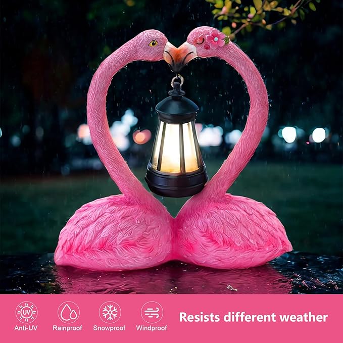 9.8" Solar Flamingo Garden Statue,Heart Flamingo Yard Decor,Unique Double Head Flamingo Gifts for Women,Mom,Lover