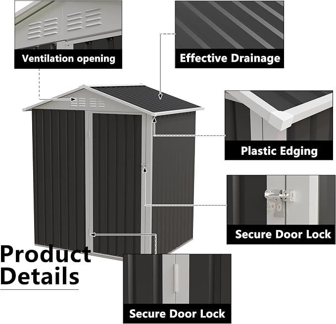 YOPTO 5.4x4.27 FT Outdoor Storage Shed, Metal Garden Tool Shed with Sloping Roof and Lockable Doors for Backyard Garden Patio Lawn, Grey - Image 5