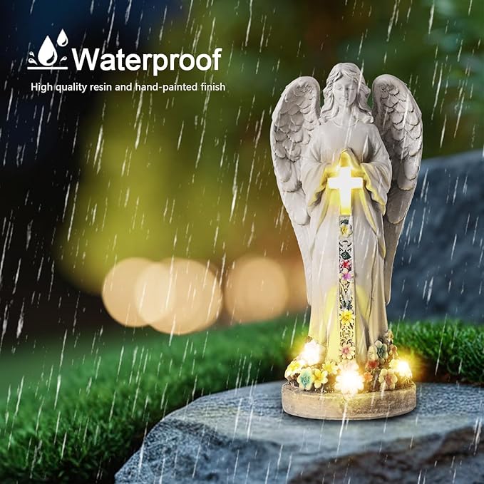 Angel Garden Statues Outdoor Cemetery Decorations for Grave 8.2" Resin Praying Angel Figurines Featuring Cross Solar Light Waterproof Angel Decor for Grave-Sympathy Gifts for Loss of Loved One