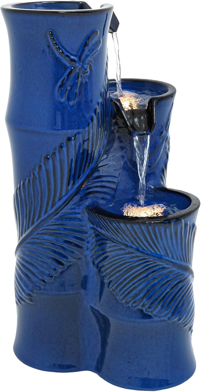 25.5" H Ceramic Outdoor Water Fountain with LED Lights, 3-Tier Bamboo-Style Water Feature with Leaf & Dragonfly Patterns, Soothing Tranquil Waterfall for Garden, Patio & Yard, Cobalt Blue