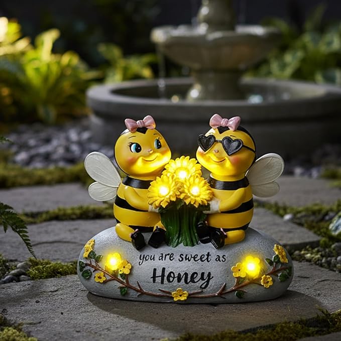 Solar Bee Lights Garden Statues 5.5" Resin Bee Figurine Waterproof Yard Lawn Patio Decorations Birthday Housewarming Gifts for Mom Wife Women Honeybee Decor Garden Sculptures with Sunflowers