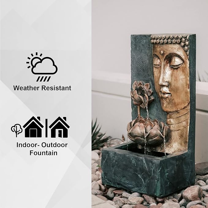 XBrand 30" H Zen Buddha Face Water Fountain w/LED Light & Pump, Indoor/Outdoor Freestanding, Relaxing Zen Décor, Bronze and Natural Grey Polyresin Fountain for Home Patio Garden Backyard