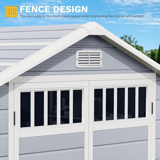 DWVO 6x4.4 FT Resin Storage Shed with Fence-Style and Side Windows, Lockable Door, and Vents for Garden, Backyard, Patio, Lawn, Gray - Image 6