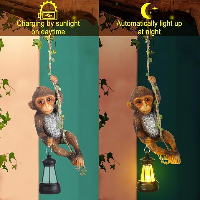 Solar Light Outdoor Monkey Statues Brown 7.48 Inch Resin Chimpanzee Baby Monkey Climbing on Vine with LED Lantern Waterproof Hanging Figurine with Hook for Yard Garden Wall