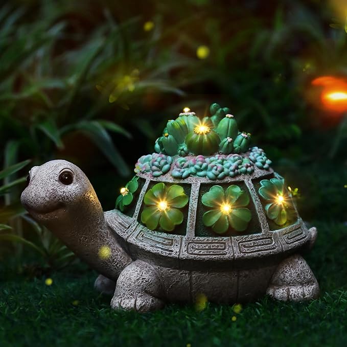 Solar Garden Outdoor Statues Turtle with Succulent and 7 LED Lights - Lawn Decor Tortoise Statue for Patio, Balcony, Yard Ornament - Unique Housewarming Gifts