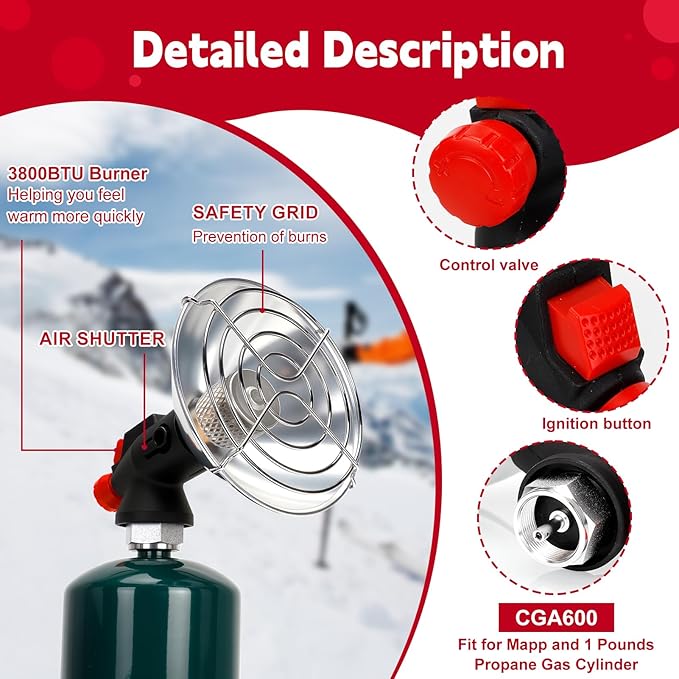 Portable Propane Heater for Camping, Outdoor Space Tent Heater, Self-Ignition Radiant Cordless Heater, Gas Heater with Foldable Gas Tank Holder for Hiking Ice Fishing Hunting