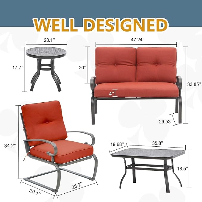 SOLAURA 5-Piece Patio Furniture Conversation Sets with Wrought Iron Loveseat and Spring Chairs（Red）