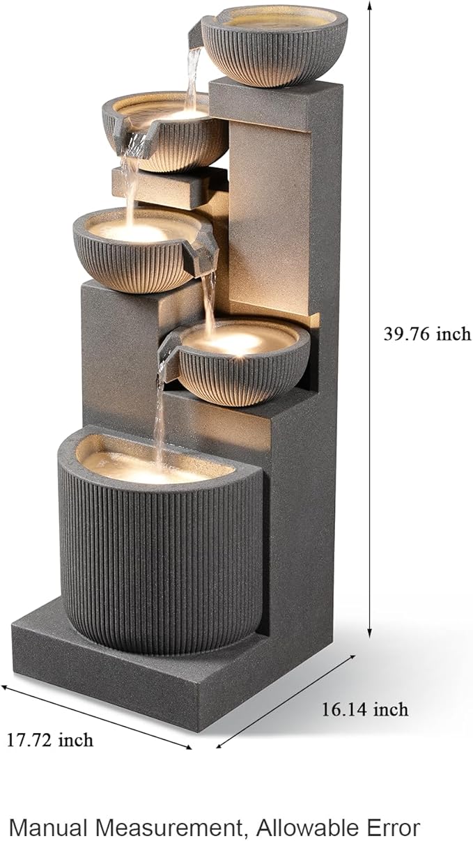39.76” H 5-Tiers Cascading Bowls Outdoor Water Fountain Made with Eco-Friendly Recyclable Materials, Polyethylene Waterfall Fountain, Outdoor Decor with LED Lights for Patio, Backyard (39.76")