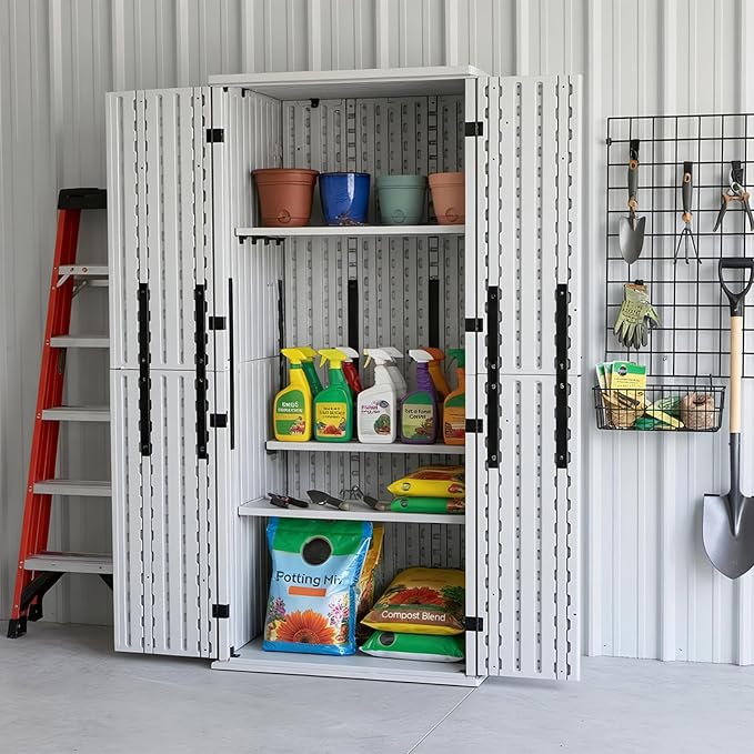 ZYJOYY Outdoor Storage Cabinet with 4 Shelves, 31.5" x 23.23" x 66.22" White Waterproof Resin Vertical Tool Shed, Lockable 30 cu.ft. Storage Shed for Patio, Garden, Yard - Image 5