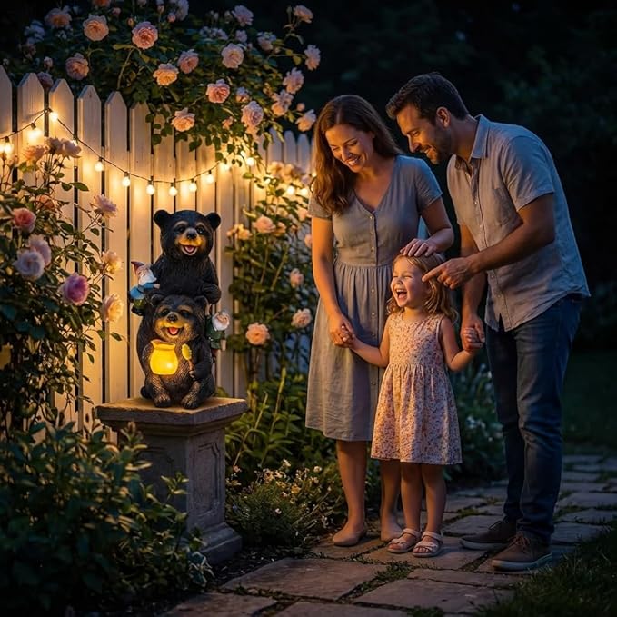 PETAFLOP Solar Garden Decor, Bear Family Statue with Glowing Honey Jar and Friendly Gnomes, Cozy Woodland Outdoor Ornament for Patio Porch Yard, Heartwarming Housewarming Gift