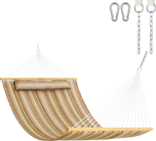 Lazy Daze Hammocks 12 FT Quilted Fabric Double Hammock with Spreader Bars and Detachable Pillow, 450lbs Weight Capacity, Brown Stripe by LazyDazeHammocks