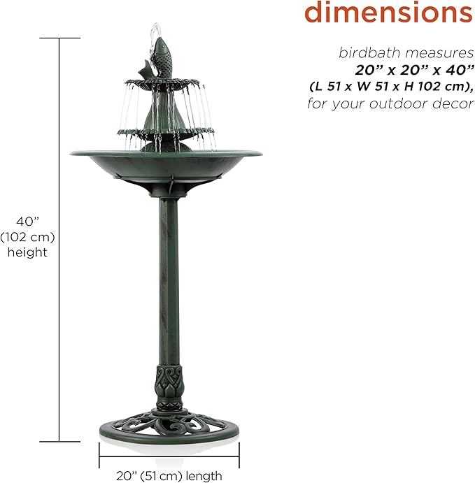 Alpine Corporation 40" Tall Outdoor 3 Tier Pedestal Water Fountain with Vintage Birdbath Accent, Garden Decor, Green
