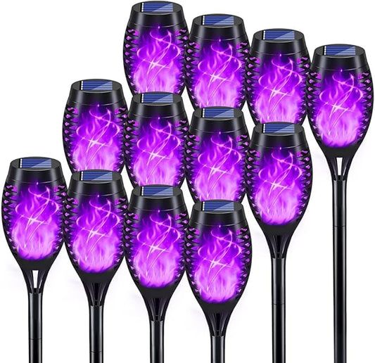 KYEKIO Halloween Decorations Outdoor, 12Pack Purple Solar Halloween Lights, Solar Torch Lights with Flickering Flame for Garden Decor, Waterproof Outdoor Lighting, Scary Torches for Yard Lawn Pathway