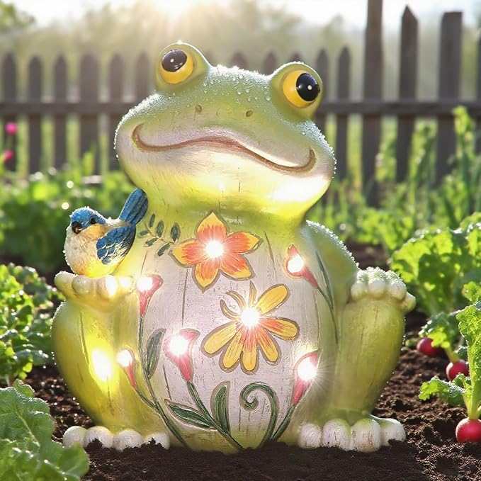 Outdoor Frog Sculptures,Solar Resin Garden Outdoor Statues,Mother's Day Frog Gifts Sculptures Decorations for Home Patio,Yard,Lawn, Porch, Ornament