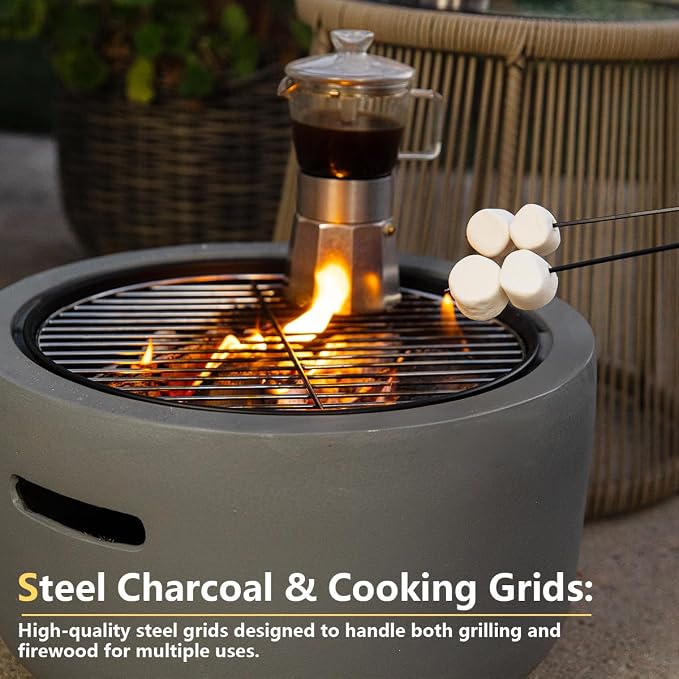 Barton 18" Round Concrete Charcoal Wood Burning Fire Pit, Magnesium Oxide Spark Screen, Fireplace Poker, Grate, BBQ Grill Firepit Charcoal Grill - Image 5
