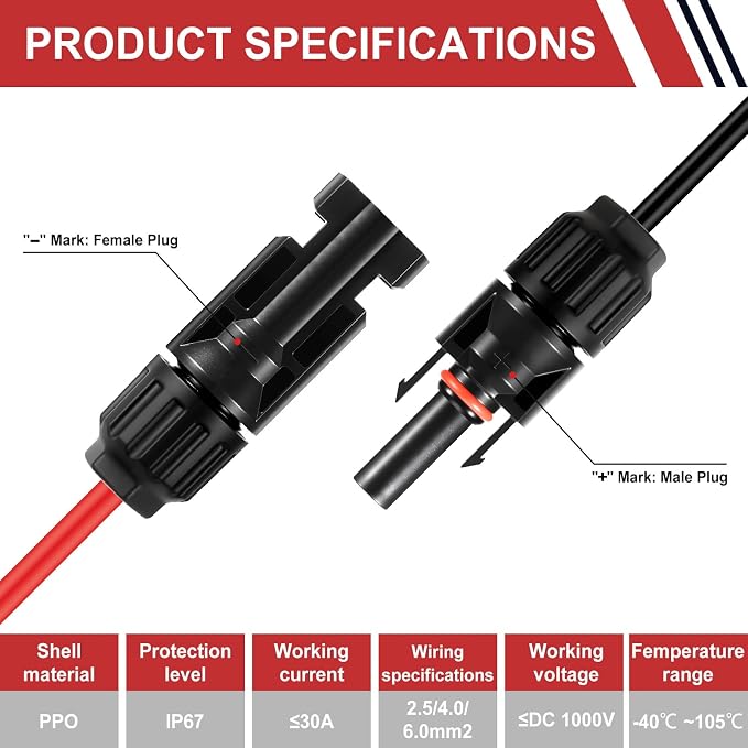 32 PCS Solar Panel Connectors MC4, 16 Pairs Male/Female + 2 Wrenches IP67 Waterproof 1000V/30A Solar Connectors???for Solar Power Systems (10AWG) - Image 4