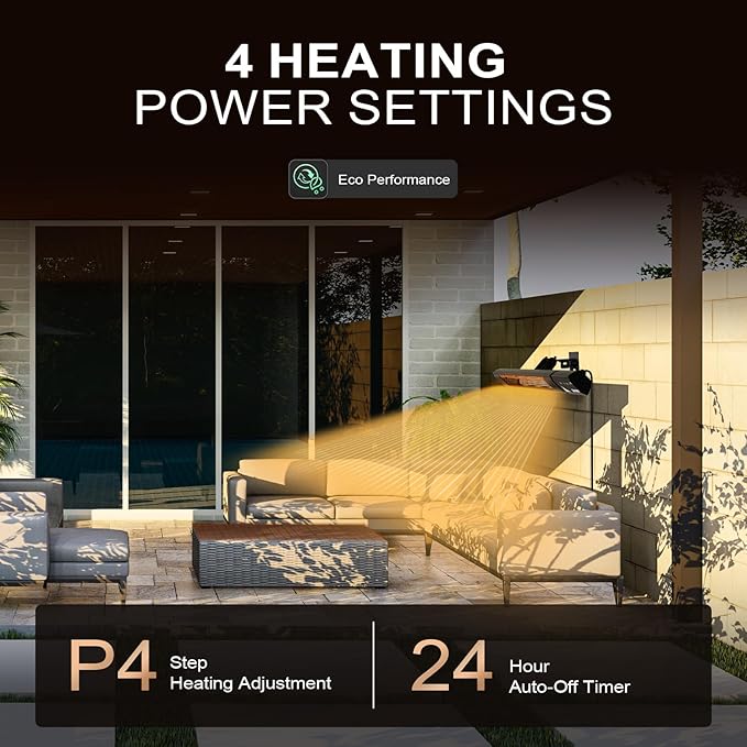 1500W Infrared Patio Heater, IP65 Waterproof Outdoor Electric Heater with Remote, 4 Heat Levels, 24H Timer, Memory Function, Fast Heating for Garage, Backyard, Black