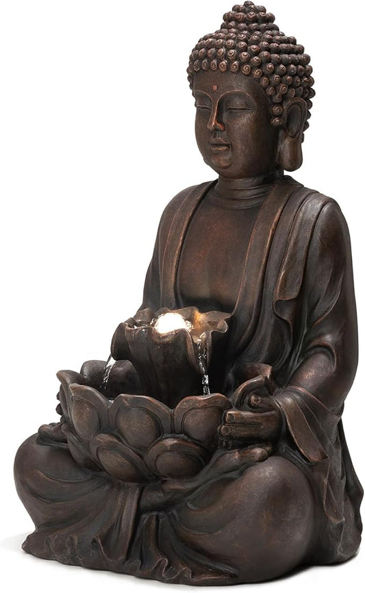 Glitzhome 24" H Zen Style Meditating Buddha Water Fountain Statue with Pump and LED Light, 2 Tier Waterfalls Resin Indoor Outdoor Floor Fountain for Garden Patio Backyard Decking