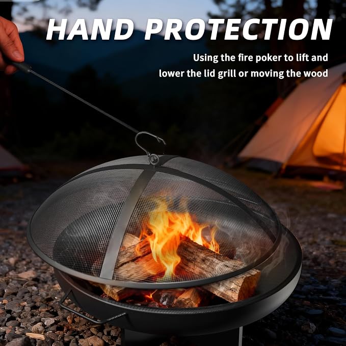 24 Inch Fire Pit for Outside Outdoor Wood Burning Firepit Bowl Heavy Duty Steel Bonfire Pit for Patio Backyard Camping Deck with Spark Screen, Log Grate & Poker - Image 3