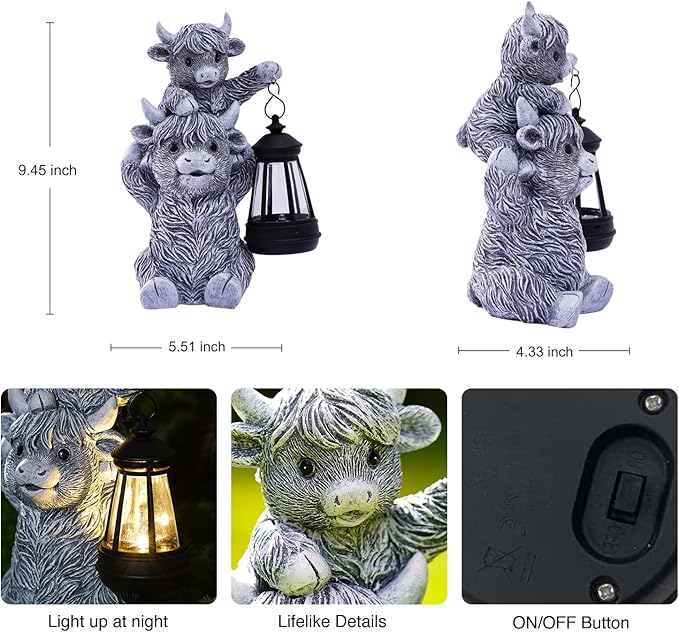 Goodeco 9.5 Inch Highland Cow with Solar Lantern – Resin Garden Decor, Outdoor Statue & Unique Highland Cow Gifts (Gray) - Image 2