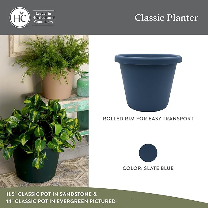 The HC Companies 14 Inch Classic Round Planter Pots with Drainage, Rolled Rim Plastic Planters for Indoor & Outdoor Plants, 2-Pack Decorative Flower Pots for Garden, Office & Home Decor, Slate Blue