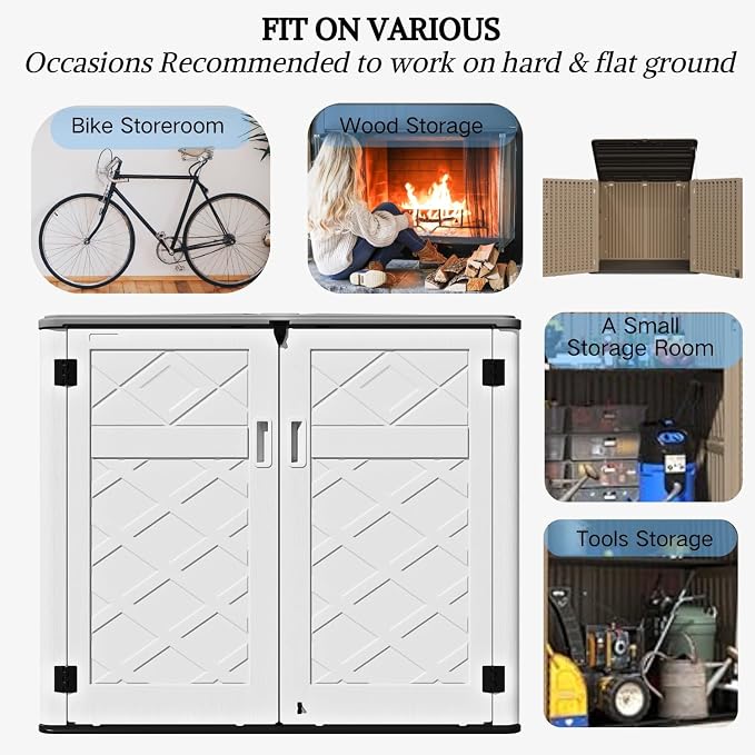ZZM Large Outdoor Storage Shed, 48 Cu Ft Resin Versatile Storage Cabinet for Patio Accessories, Trash Cans & Garden Tools, Durable Horizontal Storage Box with Lockable Lid (White) - Image 8