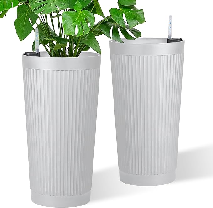 2-Pack 24in Round Plastic Planters with Self-Watering System and Vertical Ribbed Design – Perfect for Home, Patio, Garden Plants