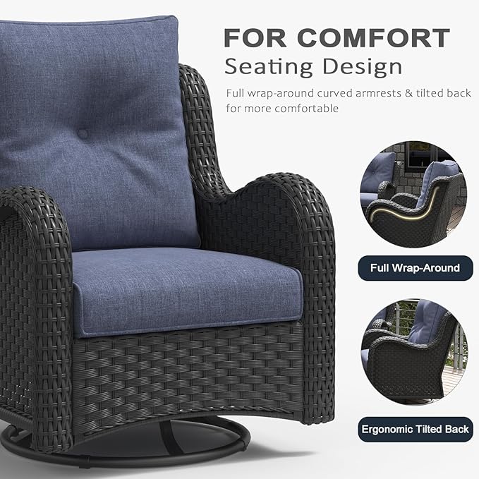 LayinSun 7 Pieces Outdoor Patio Furniture Set with Fire Pit Table, Rattan Wicker Sectional Swivel Rocker Chairs Sets with Ottomans, Swivel Glider Chairs and Coffee Table