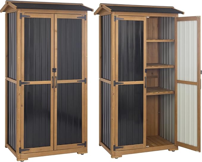 Storage Cabinet Outdoor Garage Cabinets with 3 Adjustable Shelves, Lockable Door, Wood & Metal Weather-Resistant Pantry Cabinet for Patio Garden Home Farm (33.3" Lx 21" Wx 69" H) by PETSCOSSET